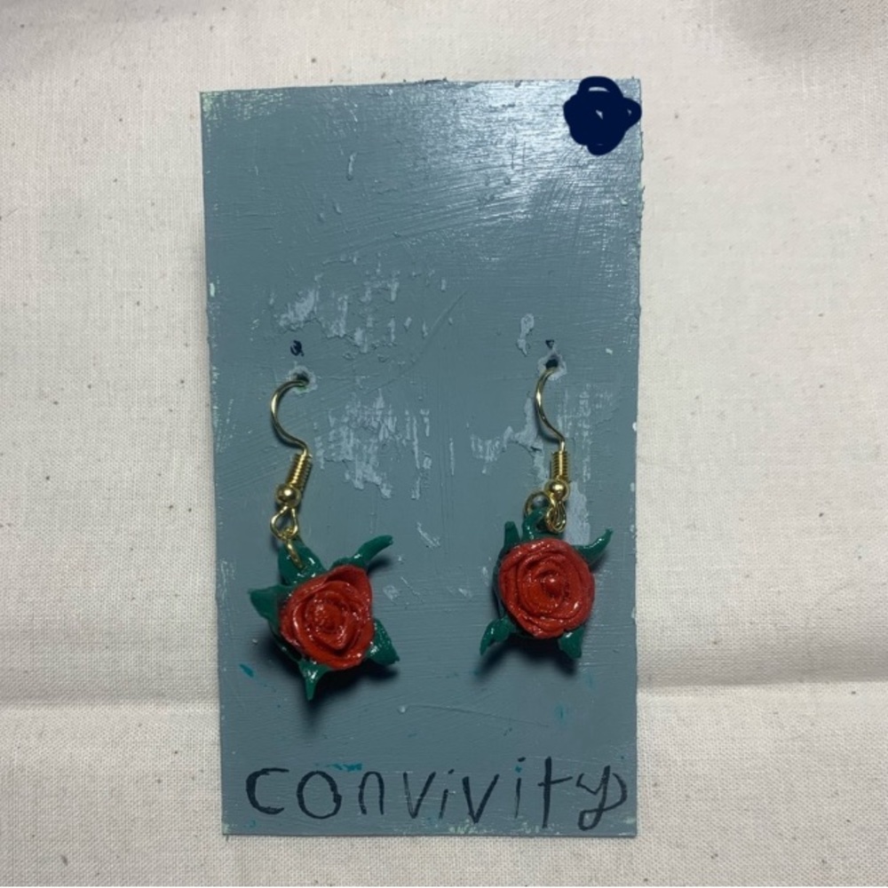 Handmade realistic clay rose dangling earrings